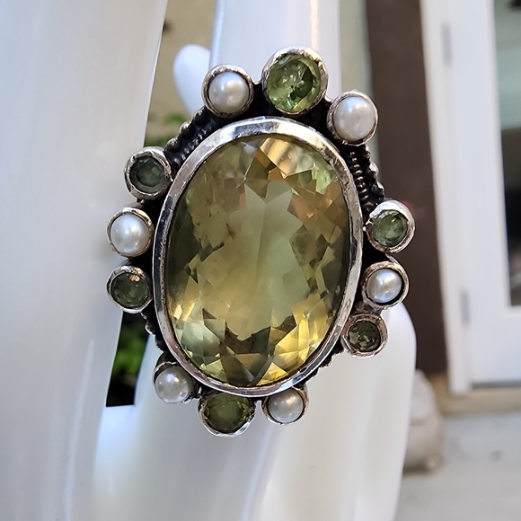 Peridot, pearl, 925 Sterling Silver Ring Size 7.5 - Picture 1 of 6